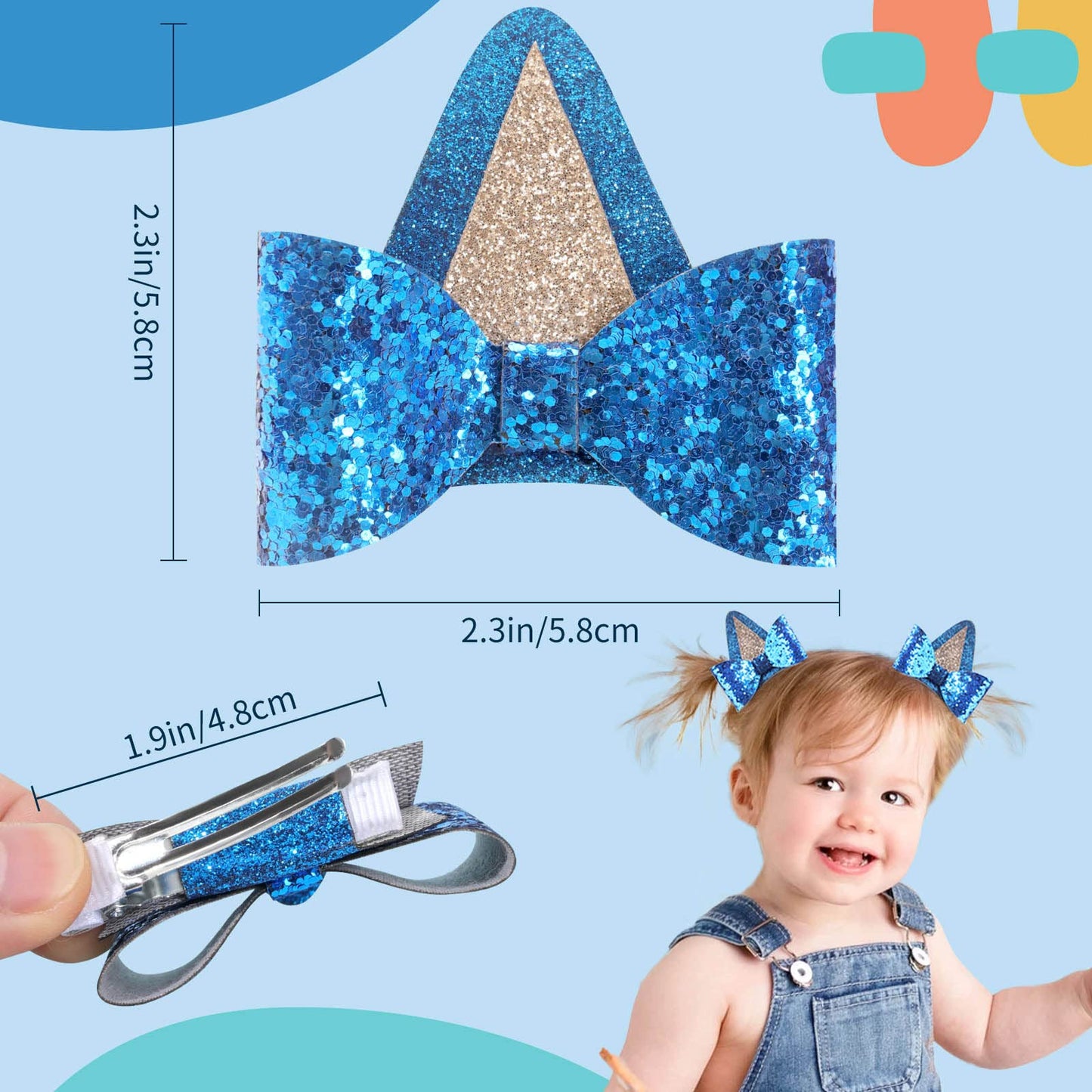 2 Pairs Blue Dog Ears and Orange Dog Ear Hair Bow Clips for Toddler Kids Adult Glitter Bows Halloween Costume Animal Cosplay Hair Accessories Birthday Party Supplies (Blue+Orange)