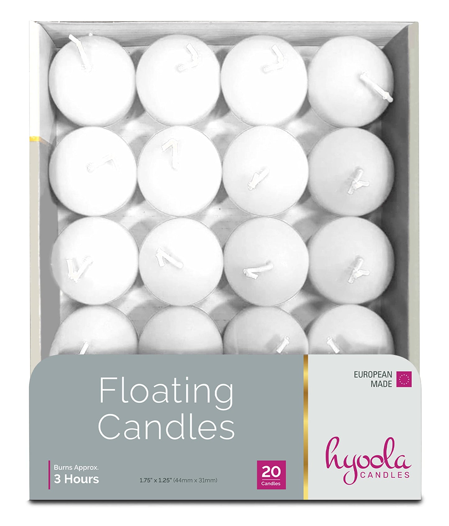 HYOOLA Premium White Floating Candles 1.75 Inch - 3 Hour - 20 Pack - European Made