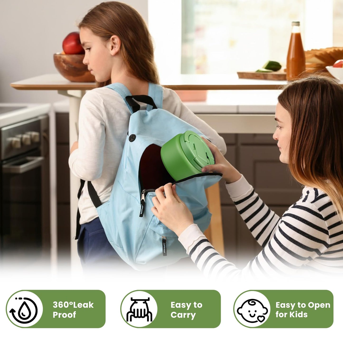 13.5oz Soup Thermo for Hot Food Kids Insulated Vacuum Food Jar with Buckle Lid,Wide Mouth Leakproof Stainless Steel Lunch Container with Spoon-Green