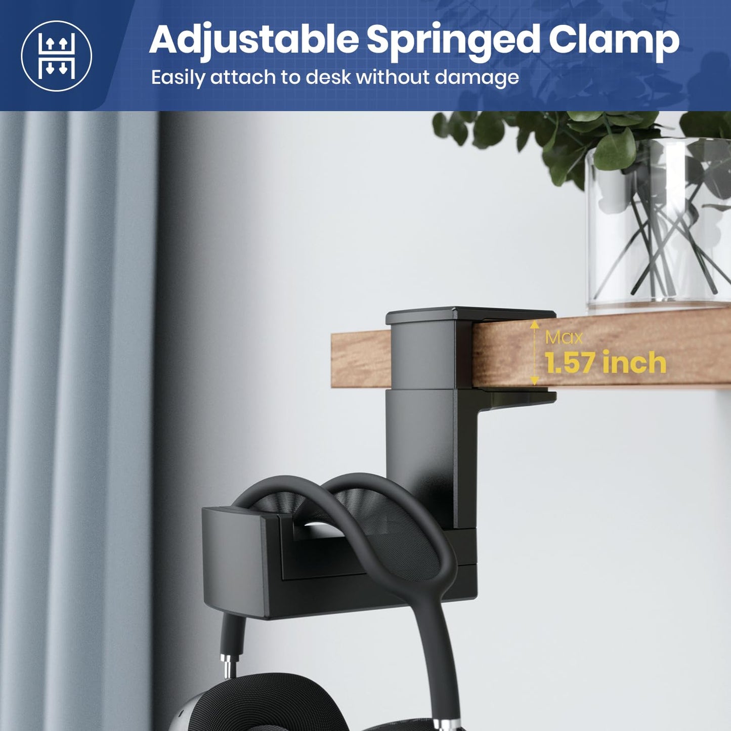 Dual Headphone Stand Holder - EURPMASK 2 in 1 PC Gaming Headset Hooks, 360 Degree Rotating Headphone Hanger with Adjustable Clamp & Cable Clip Organizer, Headset Mount Under Desk Earphone Clamp-Black