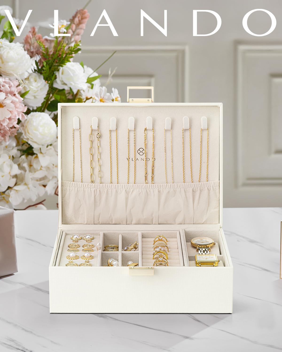 Vlando Jewellery Box, 2 Layer Jewellery Organiser with Watch Pillow, Jewellery Storage Case for Necklace,Bracelets, Earring Storage Organiser, Gift for Women,White