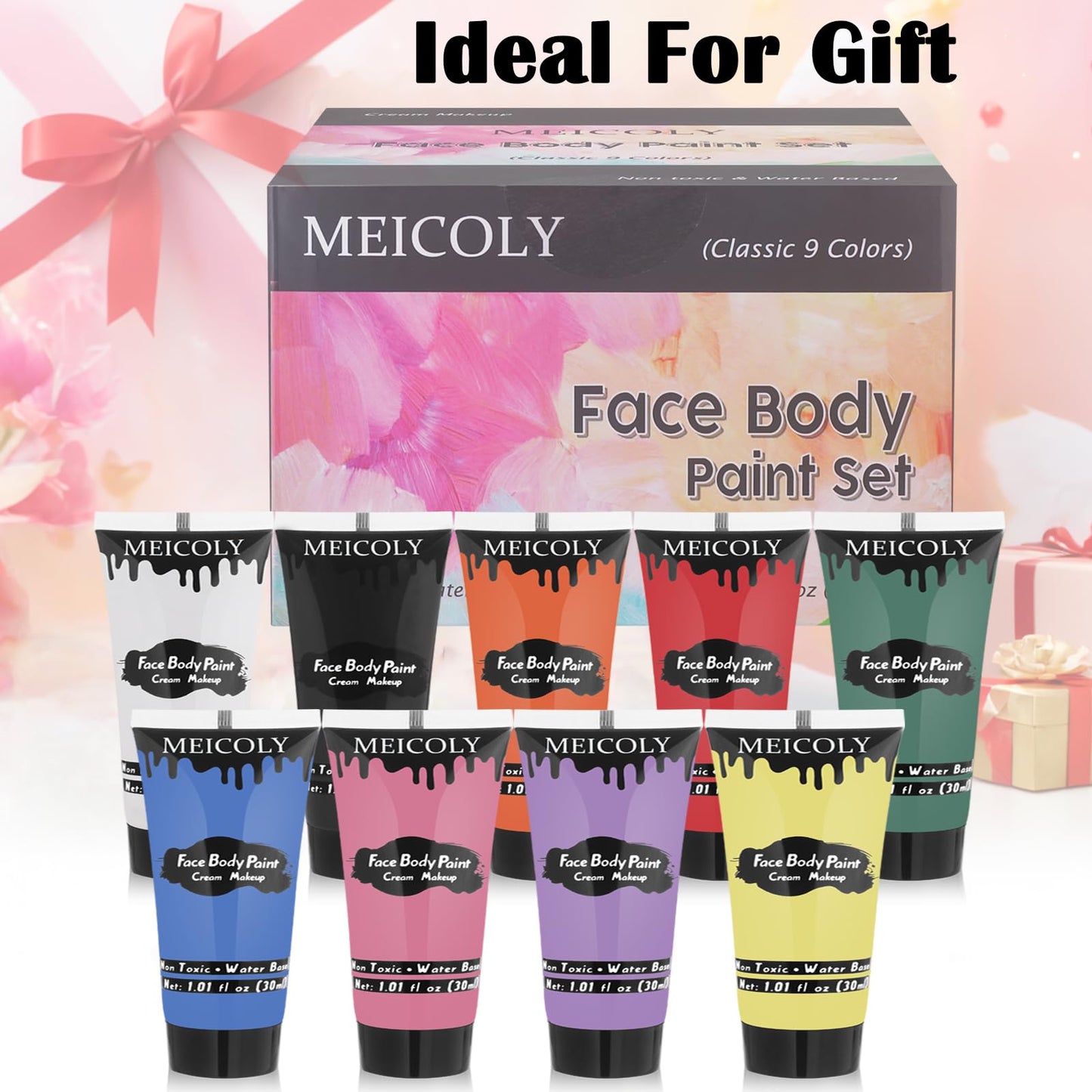 MEICOLY 9 Colors Face Body Paint Set,1.01x9oz/Box,Water Based Washable Face Paint for Adult Kids,Safe Cream Body Paint for Skin,Yellow Red White Blue Face Painting Kit for Halloween SFX Cosplay Makeup