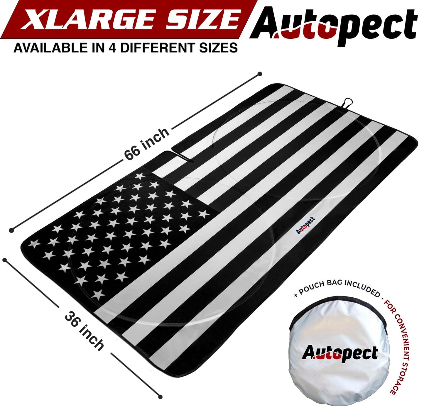 Autopect Windshield Sun Shade - American Flag Design, High-Resolution Sun Visor for Car, Truck, SUV with Mirror Cut-Out for Interior Sun Protection, Foldable Car Sun Shade (Black and White, X-Large)