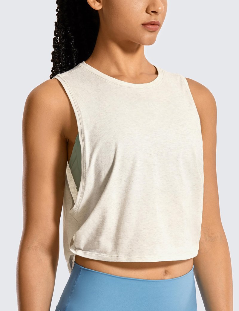 CRZ YOGA Women's Sleeveless Cotton Crop Tank Top for Yoga Gym Running Workout - Deep Armhole Ice Grey/White X-Small