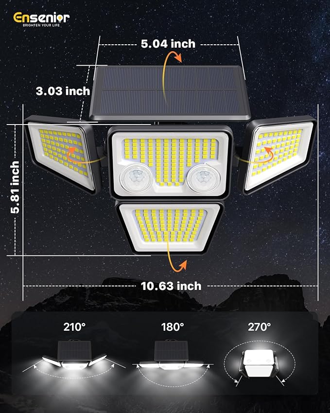 Ensenior Solar Lights Outdoor, IP65 Waterproof Motion Sensor Outdoor Light with Remote Control, 279 LED 4 Heads Solar Security Light with 4 Mode, 270° Wide Angle Solar Flood Light for Outside, 3 Packs