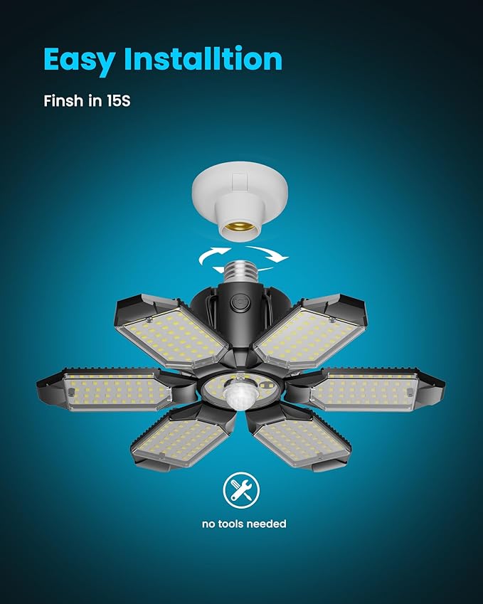 Motion Sensor Garage Light 200W 20000LM, Deformable LED Ceiling Light with 360° Detection & 3 Modes - 6500K Motion Sensor Light Indoor Bulb for Basement/Workshop