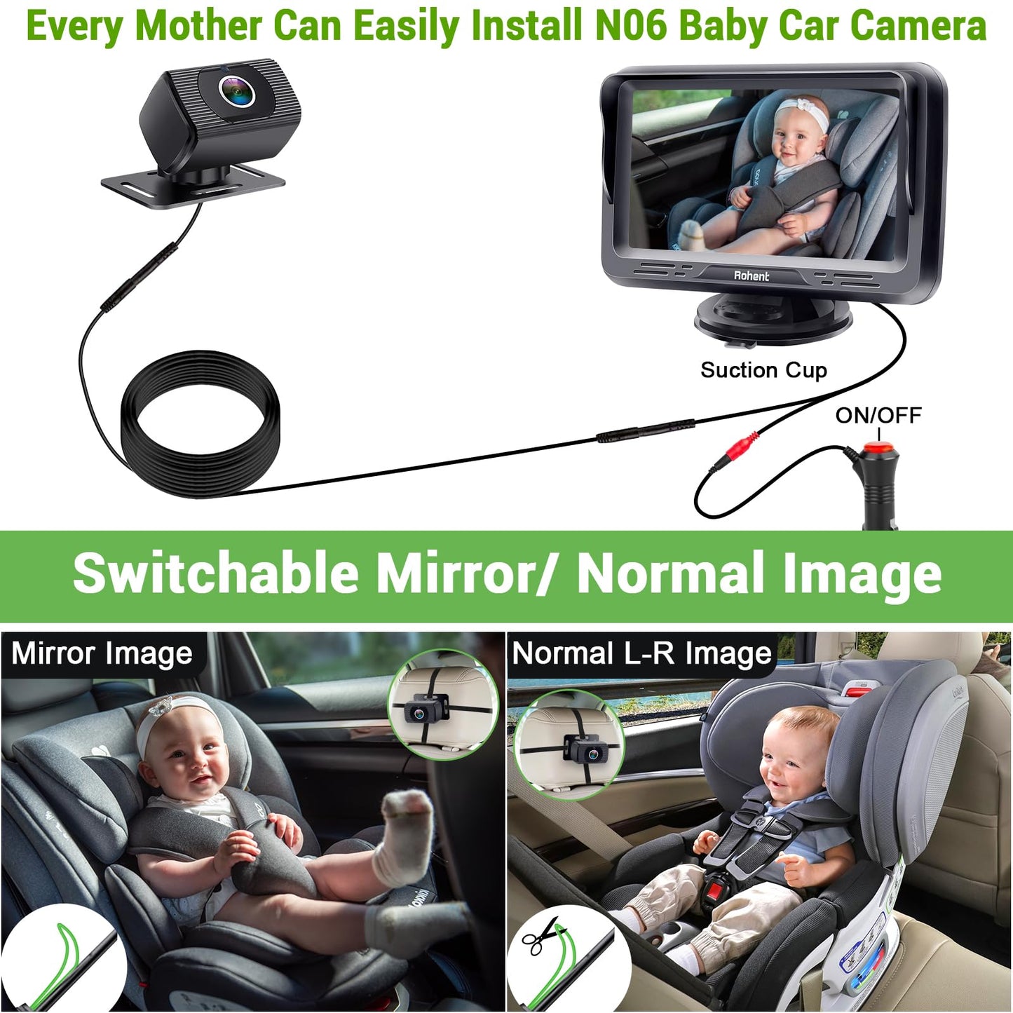 Baby Car Camera HD 1080P Baby Car Mirror 5 Mins Easy Installation Crystal Night Vision Infant Travel Safety Kit Rohent N06, Black, 4.3 Inch Screen
