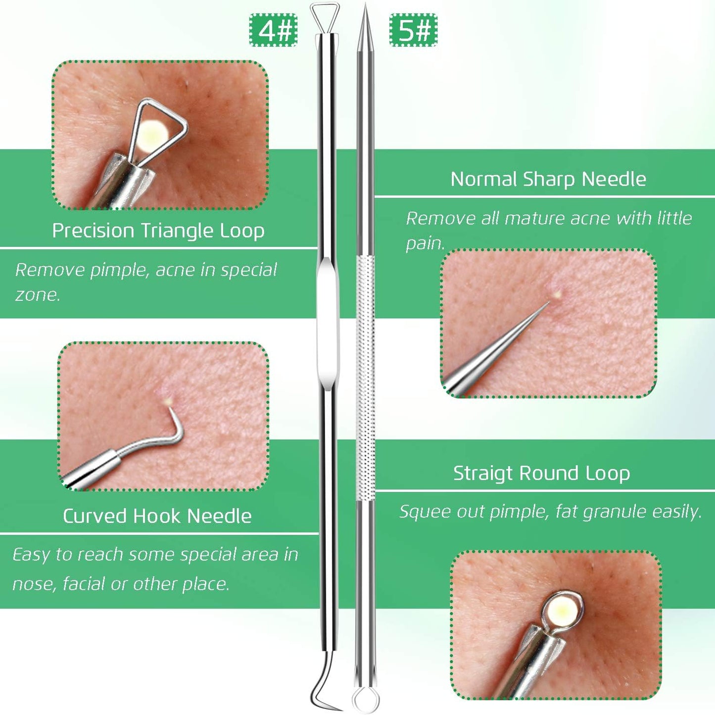 5PCS Blackhead Remover Comedone Extractor, Curved Blackhead Tweezers Kit, Professional Stainless Pimple Acne Blemish Removal Tools Kit for Manual
