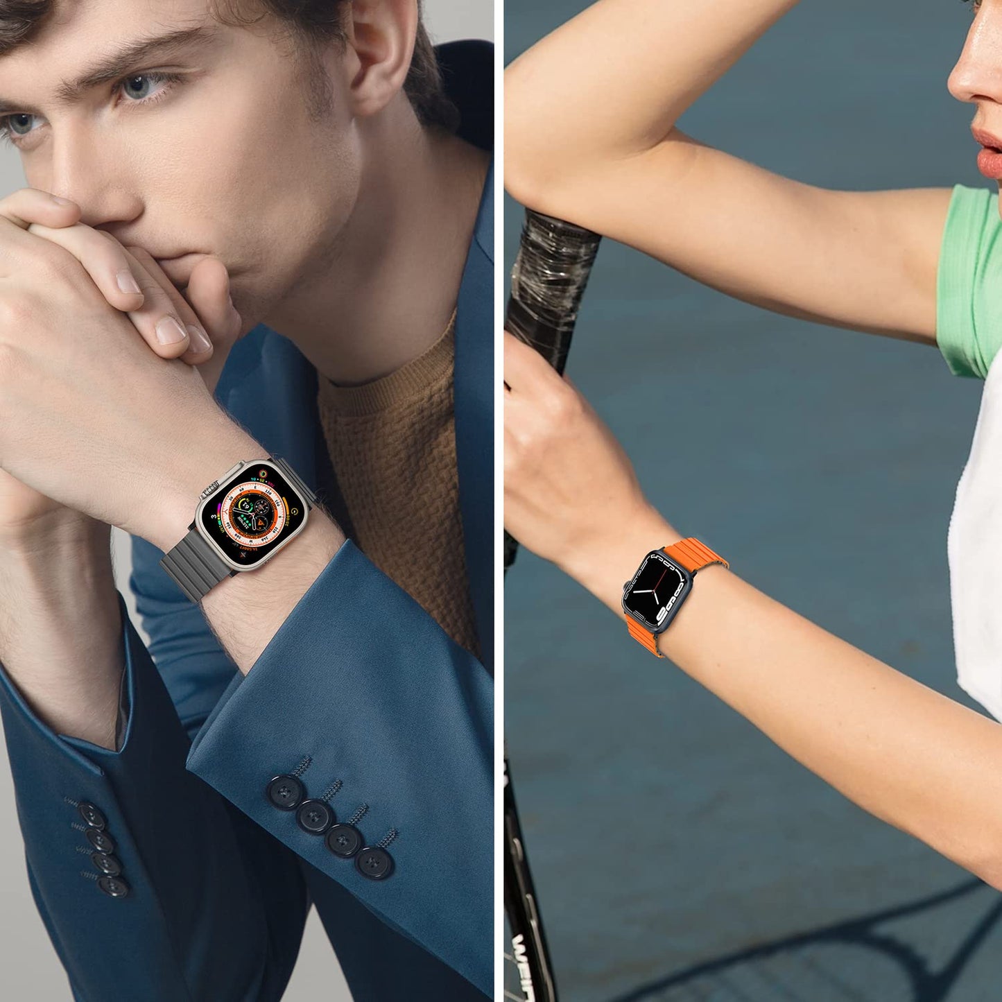Tasikar Compatible with Apple Watch Strap 49mm 46mm 45mm 44mm 42mm Thin Silicone Magnetic Loop Replacement Bands [Double Sided Wearable] for Apple Watch Ultra Series 10 9 8 7 6 5 4 3 SE - Grey Orange