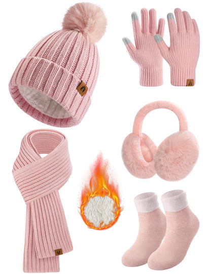 Yusongirl Winter Women Scarf Gloves Beanie Ear Muffs Socks Set Cold Weather Warm Knit Hat Fleece Long Neck Warmer 5 in 1 Set(Pink)