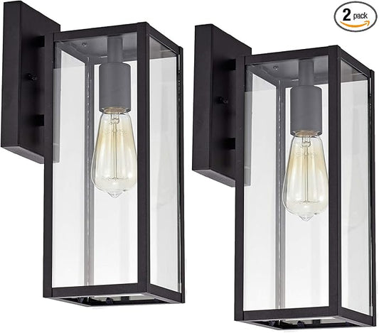 MICSIU Black Outdoor Wall Light Fixture 2 Pack, Clear Glass Exterior Wall Sconce Modern with E26 Base Socket, 13.75 Inch Outside Lights for House, Yard, Shop, Doorway, Pathway, Balcony