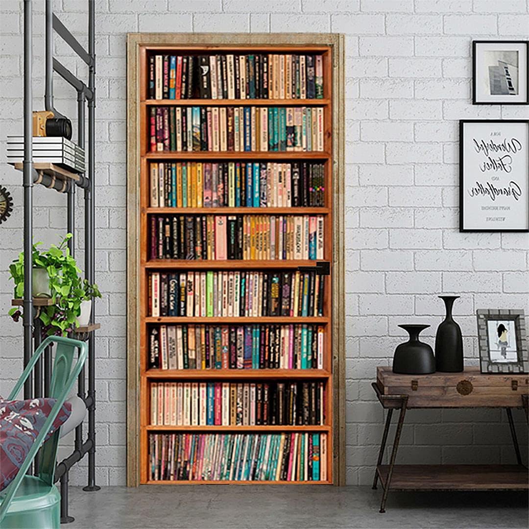 ChezMax Door Stickers Decals 3D Door Murals Peel and Stick, Removable Decorative Vinyl Wallpaper Waterproof Self Adhesive Wall Covers Poster for Home Office Decoration Vivid Bookcase 30.3"W x 78.7"H