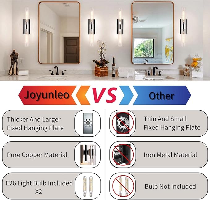 Nickel Bathroom Vanity Light, 2-Light Bathroom Wall Sconce Over Mirror, Chrome Vanity Lights for Bathroom, Dimmable Vanity Sconce with Glass Tube, Indoor Linear Wall Sconce for vertical and horizontal