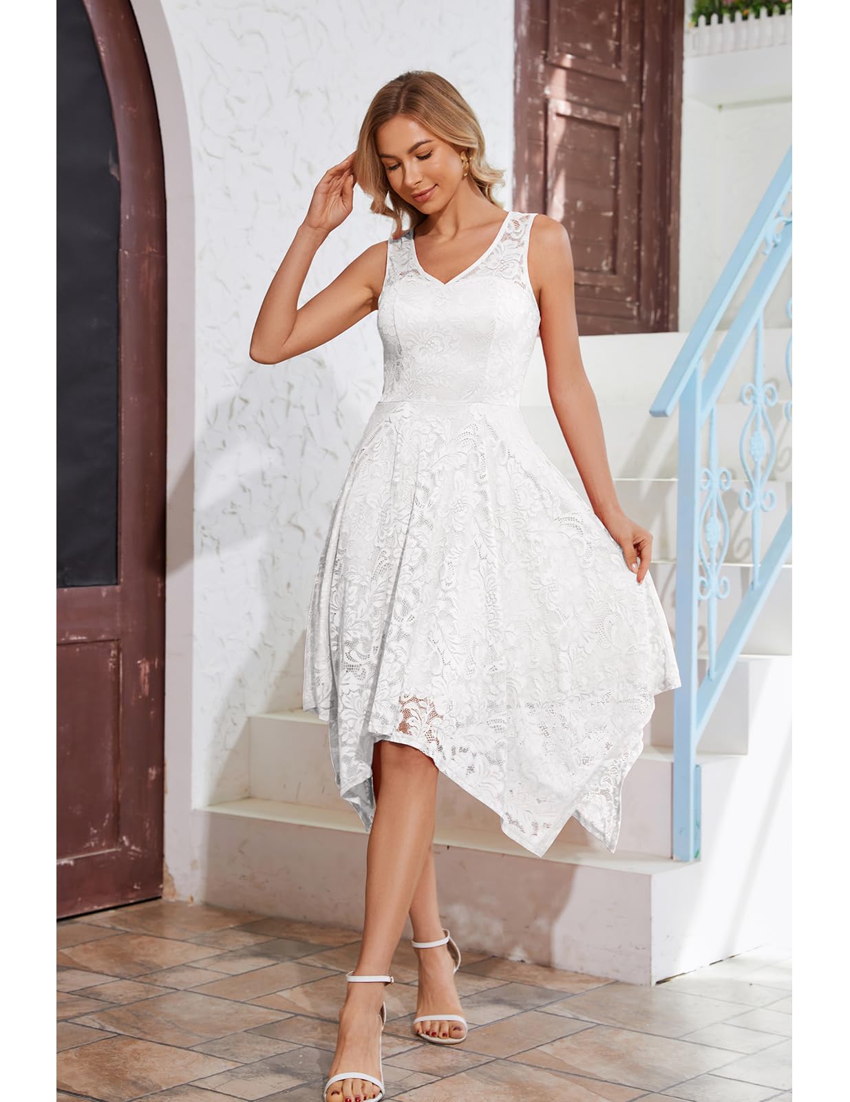 Meetjen Simple Wedding Dress for Bride 2025 V Neck Cocktail Semi Formal Floral Lace Summer Fancy Party Dresses White M