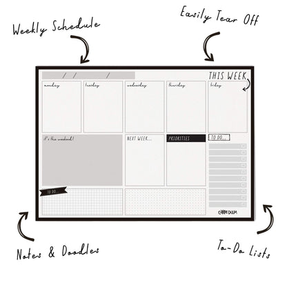 Pukka Pad Carpe Diem Weekly Planner Pad for Daily Organization, Scheduling, & Appointments - Includes To-Do List, Weekend, & Priority Sections, 60 Sheets Tear-Off Sheets, 11.7 x 8.3in, Black