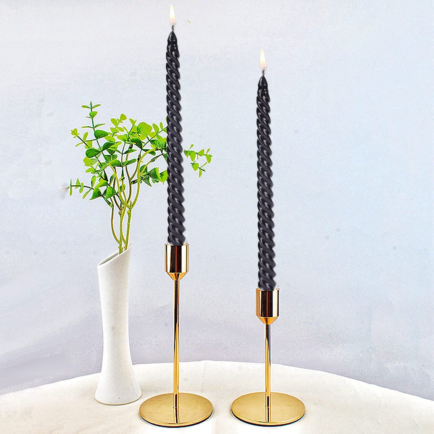 SEVEN LUCKY LIGHT Halloween Candles,10 inches Spiral Design Black Taper Candles Set of 4,Metal Style Ture Dripless Candlesticks,Clean Burning Candle Sticks