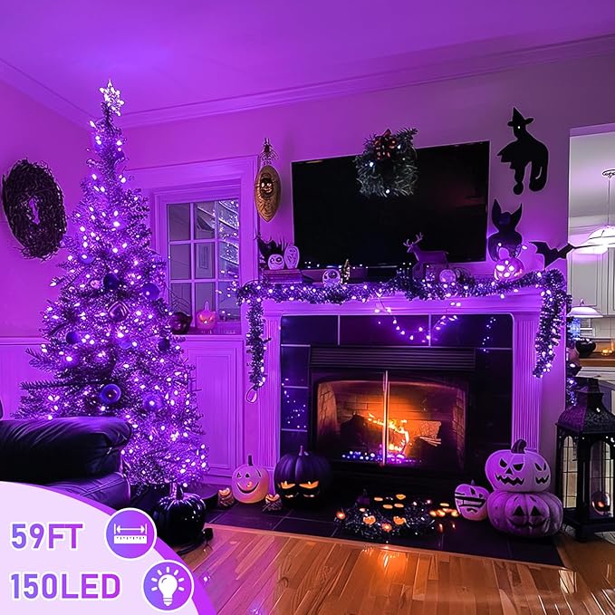 JMEXSUSS 150 LED Purple Halloween Lights Indoor, 8 Modes Connectable String Lights Outdoor Waterproof, 59FT Purple Christmas Light for Party Bedroom Tree Halloween Decorations