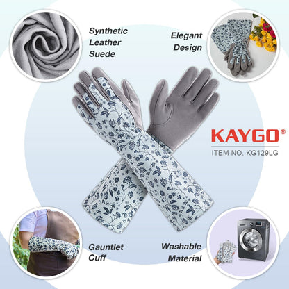 KAYGO Gardening Gloves Long Sleeve for Women Ladies, Synthetic Leather Gauntlet, Water Repellent, Ideal for Garden and Yard Work Watering Planting, KG129L (Grey, M)