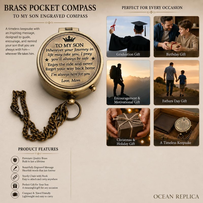 Mom to Son Compass – Engraved Compass Gift for Son from Mom – Birthday, Graduation, Confirmation, Parting or Sailor Gift – Inspirational Keepsake for Boys & Men