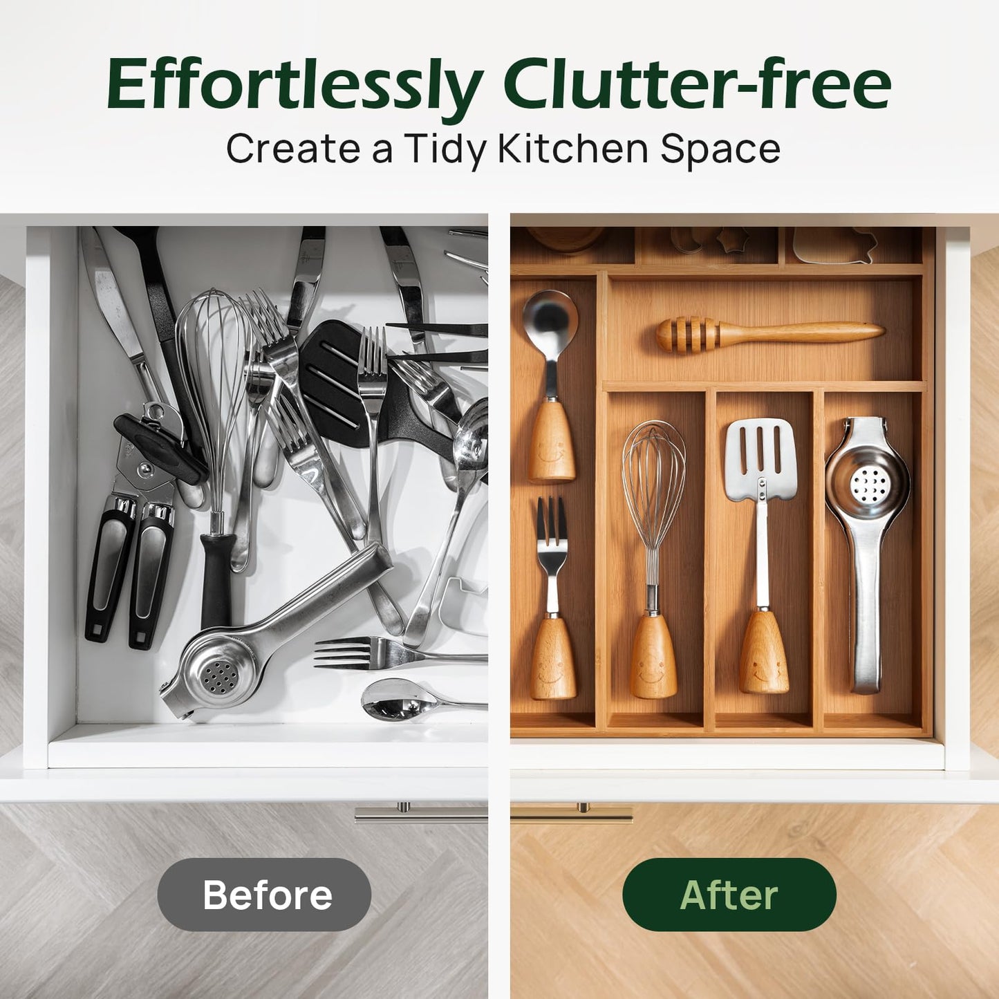 Carbonized Bamboo Kitchen Drawer Organizer, 8 Slots Silverware Organizer, Utensil Holder & Cutlery Tray, 2.2" Deep for Extra Capacity, Non-Slip Feet Included