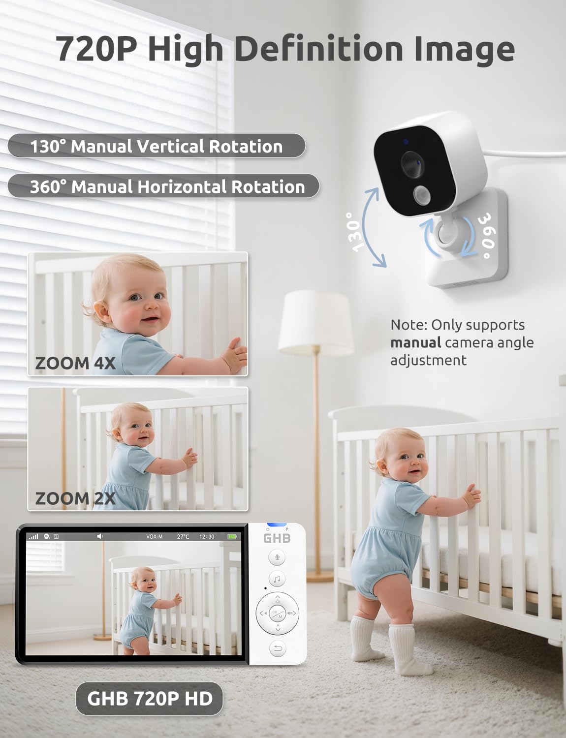 GHB Baby Monitor with Camera and Night Vision 5'' 720P HD 5000mAh Video Baby Monitor Camera IPS Screen, VOX Mode, 2-Way Audio, Temperature Alert, 8 Lullabies
