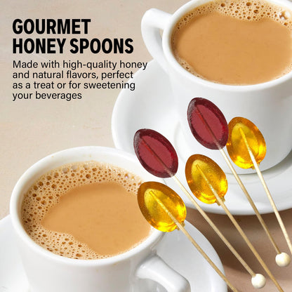 Melville Candy All Natural Honey Spoons – Clover Honey Spoons & Lollipops on Wooden Ball Sticks – Gluten-Free, Made in USA Stirrers for Tea, Coffee, & Hot Beverages - Individually Wrapped (5-count, Clover)