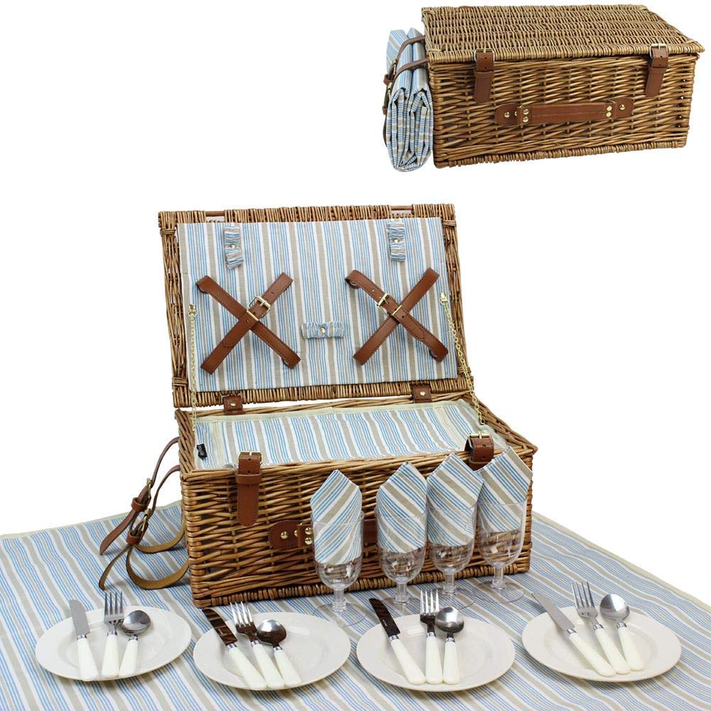 HappyPicnic Wicker Picnic Basket Set for 4 Persons | Large Willow Hamper with Large Insulated Cooler Compartment, Waterproof Blanket and Cutlery Service Kit-Classical Brown