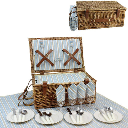 HappyPicnic Wicker Picnic Basket Set for 4 Persons | Large Willow Hamper with Large Insulated Cooler Compartment, Waterproof Blanket and Cutlery Service Kit-Classical Brown