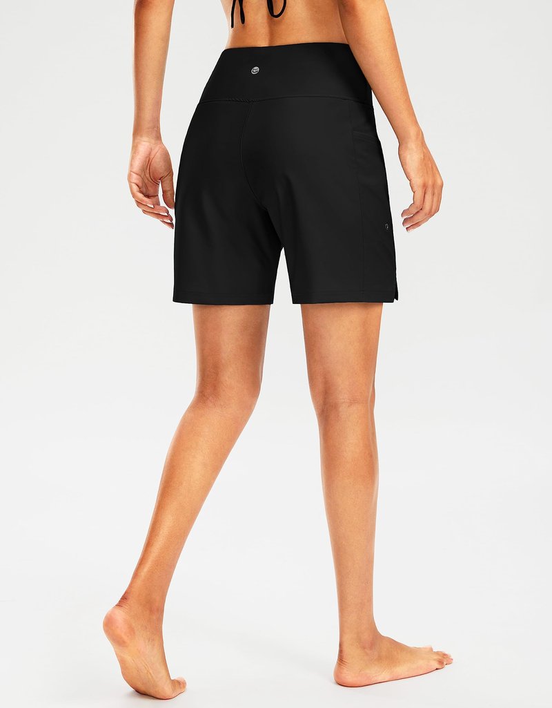 G Gradual Women's 7" Long Swim Board Shorts High Waisted Quick Dry Beach Swimming Shorts for Women with Liner Pockets(Black,XL)