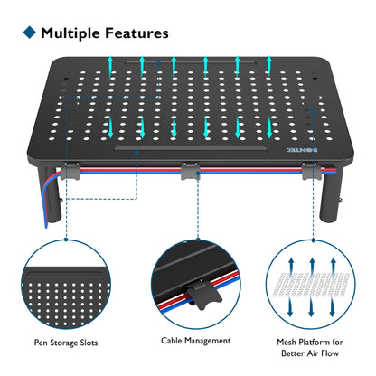 BONTEC Adjustable Monitor Riser for Desk, Ergonomic Metal Stand with 3 Height Levels (100/120/140mm), Mesh Surface for Airflow, Up to 20KG, Computer Stand, Cable Ties Included