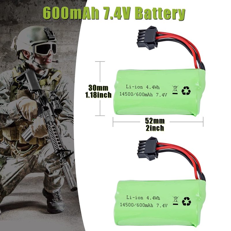 VICMILE 7.4V Li-ion Battery 600mAh 2S Rechargeable with SM-4P Plug and USB Battery Charger Fit for Most Water Ball Blaster RC Car Trucks Battery 2PACK