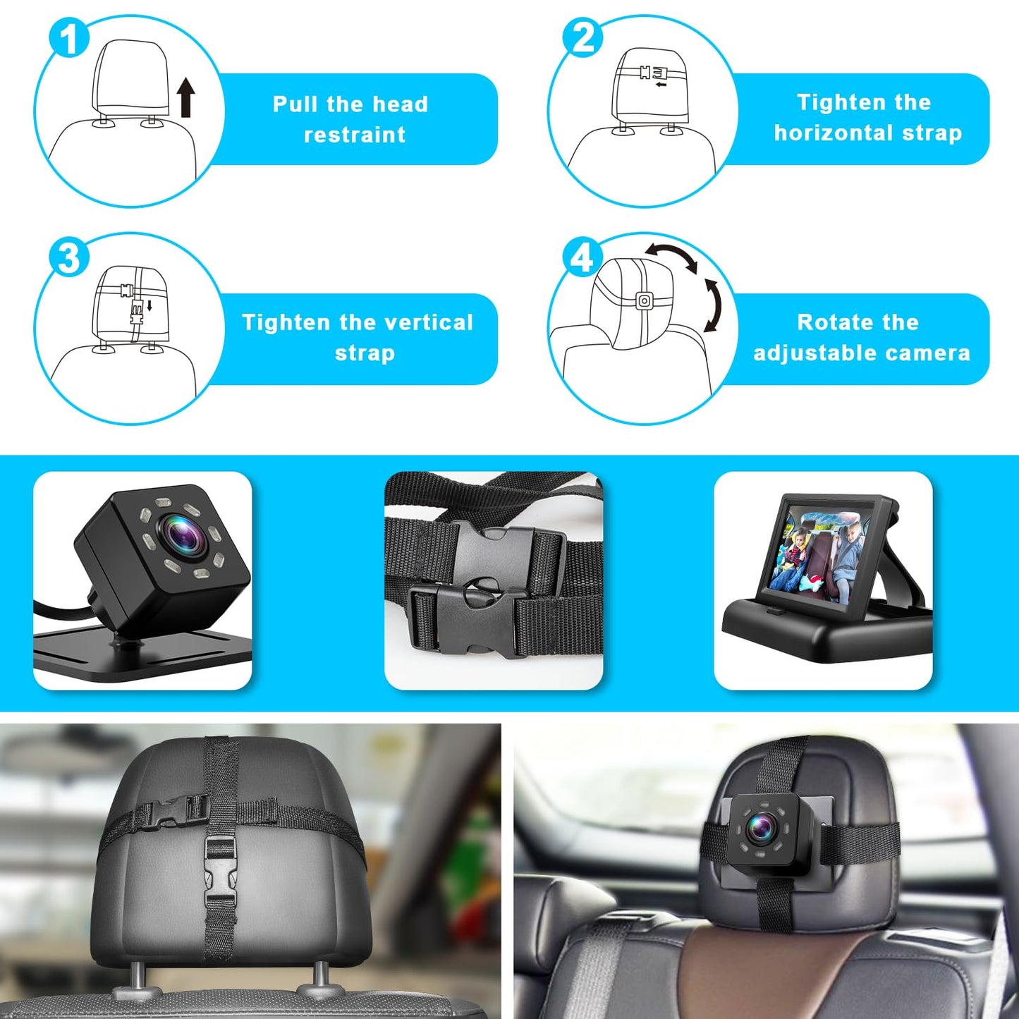 Baby Car Mirror with 4.3'' HD Night Vision Function Display, Safety Car Seat Camera with Wide Crystal Clear View, Easily Observe The Baby’s Move(Not USB)