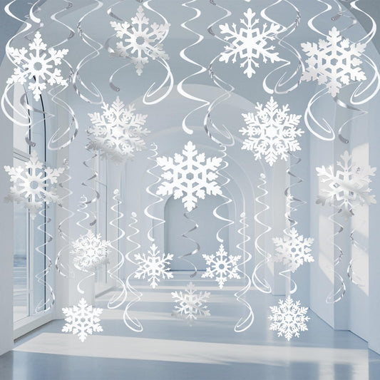 32 Pcs Snowflake Hanging Swirls Party Decoration - Christmas Winter Wonderland Ceiling Decor White Silver Snowflake Ornaments Garland for Winter Holiday Party Decorative Frozen Theme Party Supplies