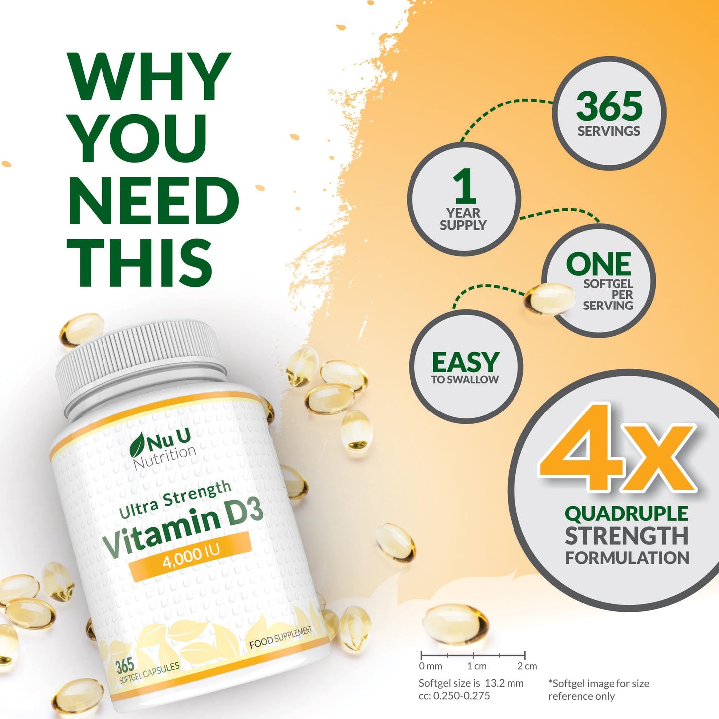 Nu U Nutrition - Vitamin D 4000 IU - 365 Softgel Capsules not Tablets - 1 Year Supply - Quadruple Strength -Easy to Swallow - Vitamin D3 Supplement - Made in The UK