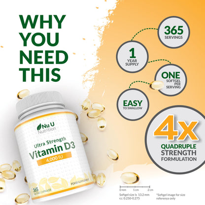 Nu U Nutrition - Vitamin D 4000 IU - 365 Softgel Capsules not Tablets - 1 Year Supply - Quadruple Strength -Easy to Swallow - Vitamin D3 Supplement - Made in The UK