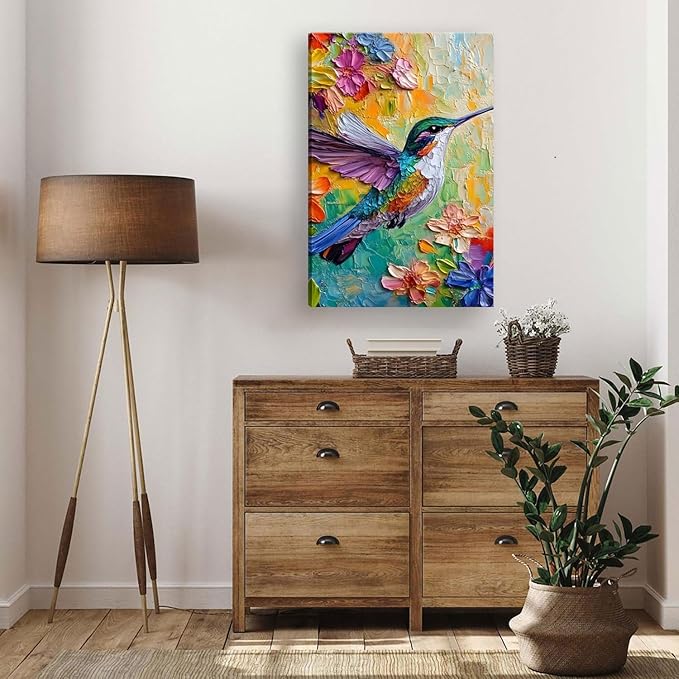 2D No Texture Colorful Painting Hummingbird Canvas Wall Art, Spring Flower Wall Decor, Cute Hummingbird Poster Picture for Wall Living Room Bathroom Bedroom Home Decoration 12*18 in (Poster No Frame)