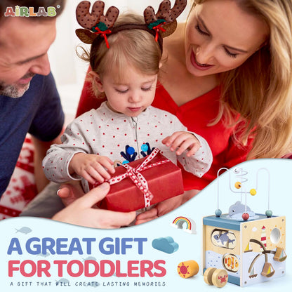 Airlab Wooden Activity Cube Baby Toys for 1 Year Old, 1st Birthday Gifts for Girls and Boys, 12+ Months Montessori Toys with Bead Maze Shape Sorter Educational Sensory Toys for Kids Age 1 2 3