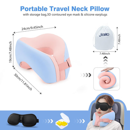 jiaao Neck Pillow Airplane, Memory Foam Travel Neck Pillows for Long Flight, 3D Eye Masks, Ear Plugs and Portable Drawstring Bag, Napping Pillow for Home, Road Trips, Sleep Rest and Travel Use