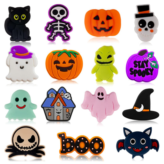 FFNIU 15Pcs Halloween Silicone Beads for Pen, Pumpkin Ghost Focal Beads for Making Keychain Necklace Bracelet Handmade Crafts
