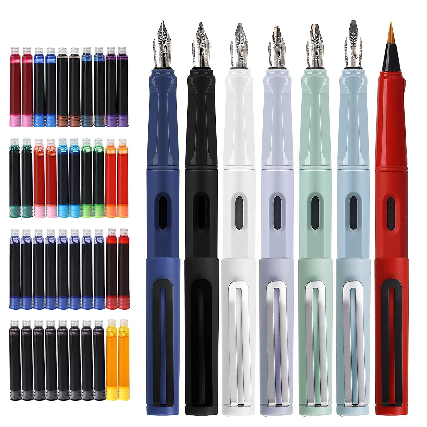 GC QUILL Calligraphy Fountain Pen Set- 7 with Different Nibs and 40 Ink Cartridges for Beginners- MU-09