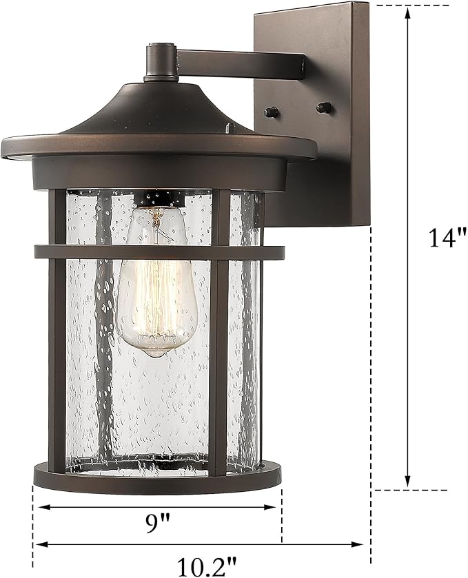 Bestshared Outdoor Wall Mount Light Fixture, Large Exterior Porch Wall Lantern, Outdoor Wall Light with Seeded Glass Shade (Oil Rubbed Bronze, 14" Height)