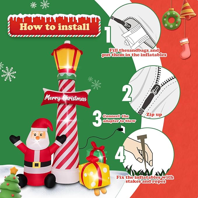 8Ft Christmas Decorations Outdoor Inflatables Giant Santa Claus Stands Under The Lighthouse with Gift Box, Blow Up Built-in LED Lights for Party Outdoor Garden Indoor Yard Lawn