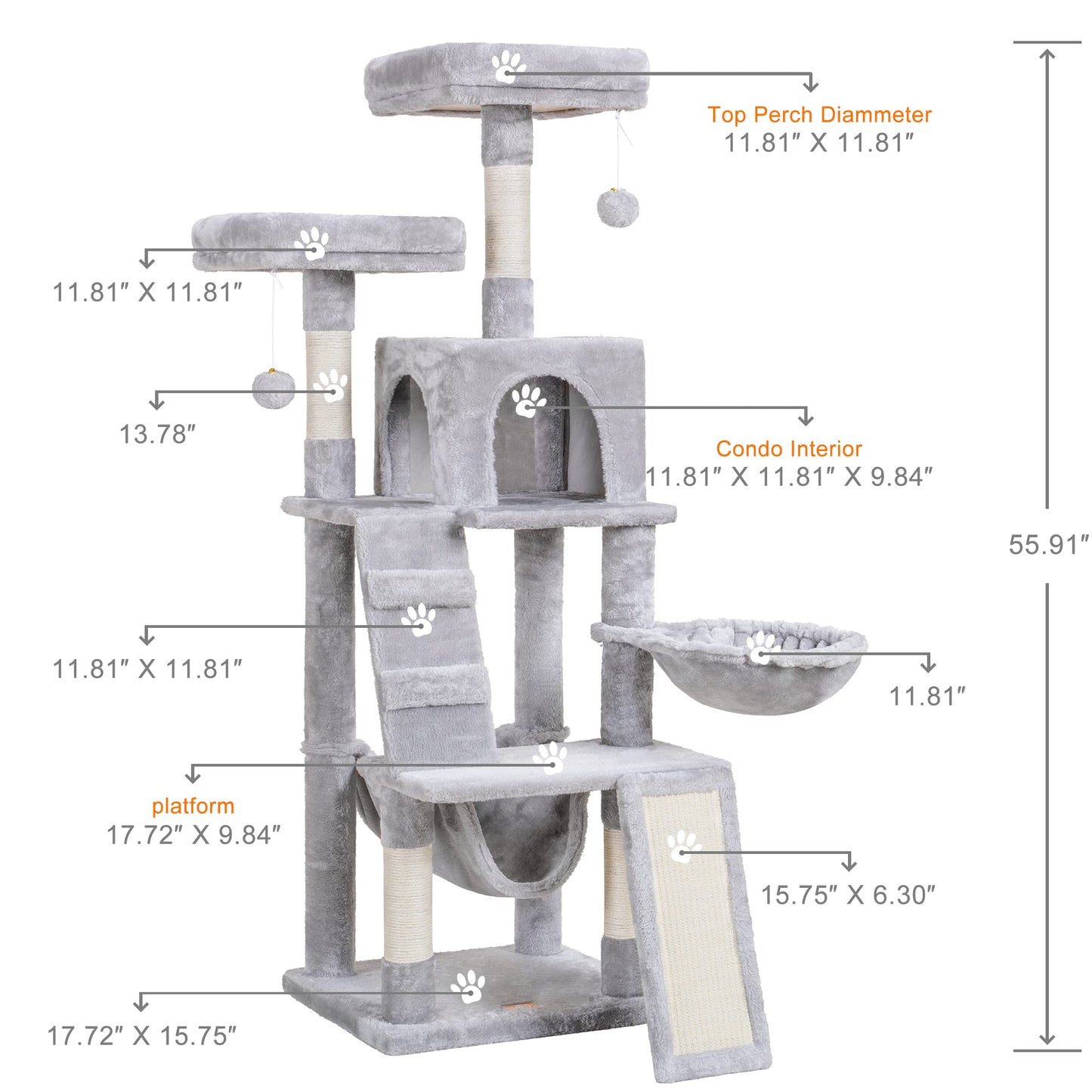 Heybly Cat Tree, Cat Tower for Indoor Cats, Multi-Level Cat Furniture Condo for Cats with Padded Plush Perch, Cozy Basket and Scratching Board, Light Gray HCT014W