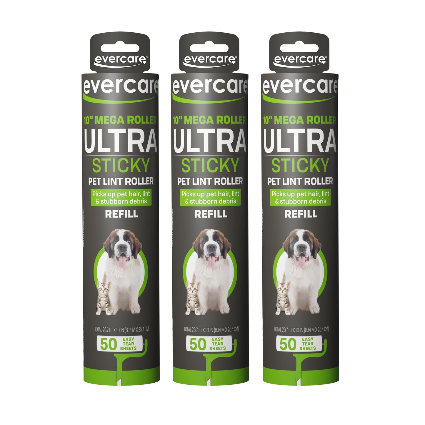Evercare 10” Mega All-Purpose Pet Hair Lint Roller Refills, 3 Pack, 50 Sheets Each – Sticky Roller for Pet Hair, Cat & Dog Hair Remover, Lint Remover, Pet Hair Remover for Furniture, Clothing & Cars