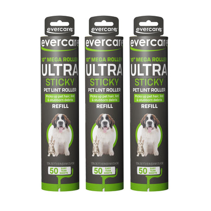 Evercare 10” Mega All-Purpose Pet Hair Lint Roller Refills, 3 Pack, 50 Sheets Each – Sticky Roller for Pet Hair, Cat & Dog Hair Remover, Lint Remover, Pet Hair Remover for Furniture, Clothing & Cars