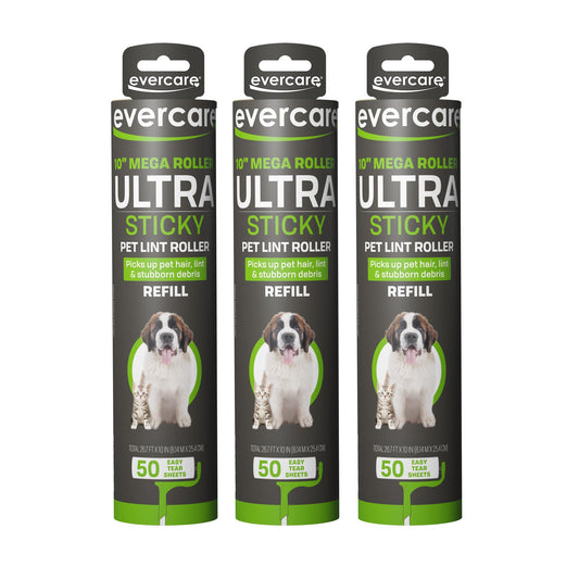 Evercare 10” Mega All-Purpose Pet Hair Lint Roller Refills, 3 Pack, 50 Sheets Each – Sticky Roller for Pet Hair, Cat & Dog Hair Remover, Lint Remover, Pet Hair Remover for Furniture, Clothing & Cars
