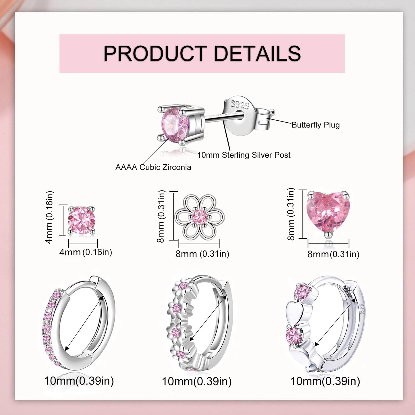 6 Pairs Huggie Hoop Earrings for Girls 925 Sterling Silver Stud Sets Cute Kids Heart Hoops Tiny Cubic Zirconia Flower Stud Small Hypoallergenic Cartilage Sleeper Earrings for Teen Toddler Childs Women
