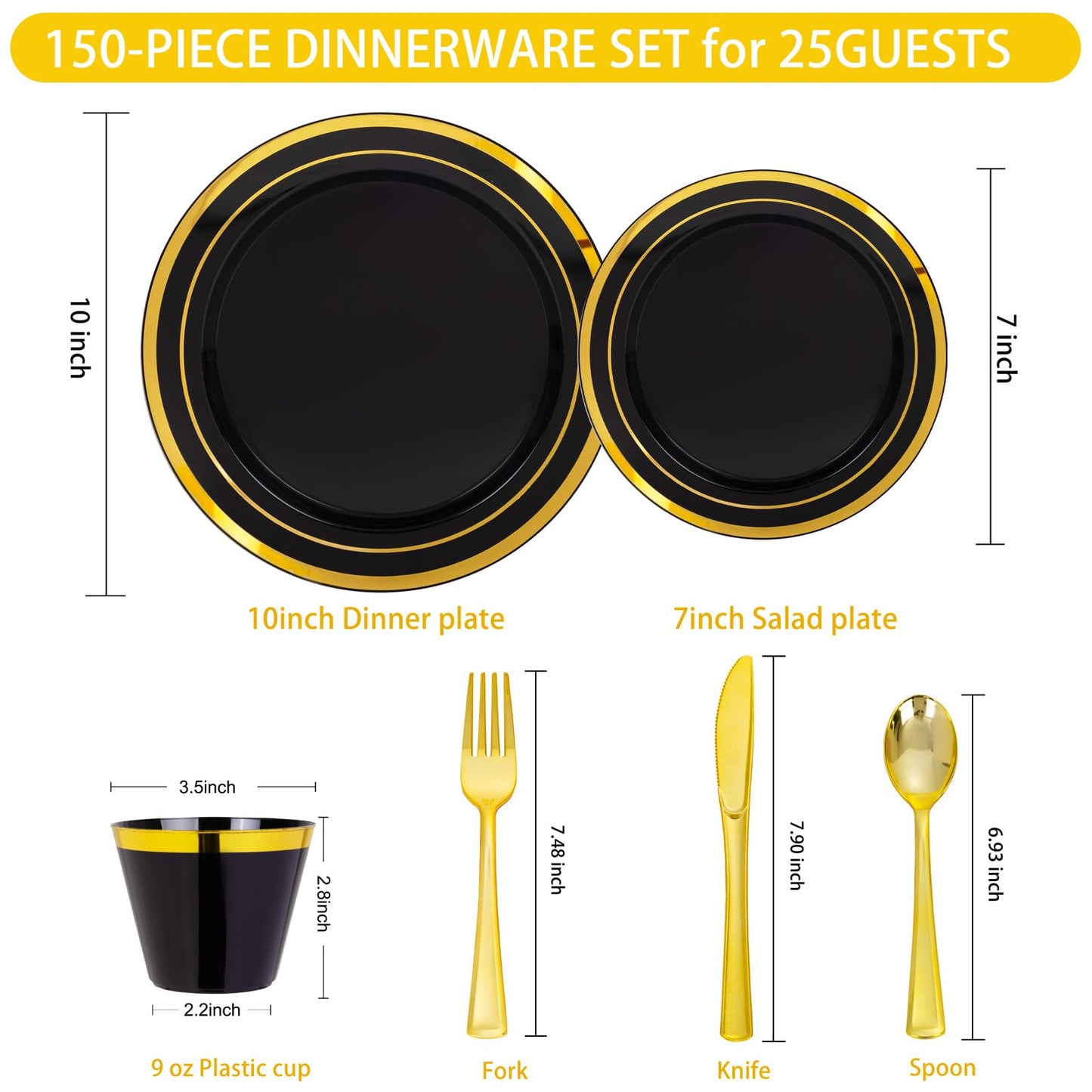 WELLIFE 150 PCS Black and Gold Disposable Dinnerware Set, Plastic Plates for Party, Including 25 Dinner Salad Plates, Cups, Forks Knives Spoons for Halloween and Party Supplies
