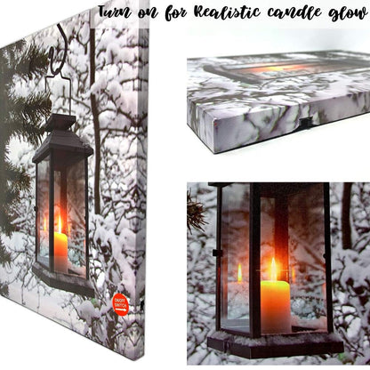 BANBERRY DESIGNS LED Wall Art - Winter Lantern Lighted Canvas - Light Up Snowy Scene With a Glowing Black Lantern - Light Up Canvas Print - Christmas Wall Art - Measures 11.75" x 15.75"