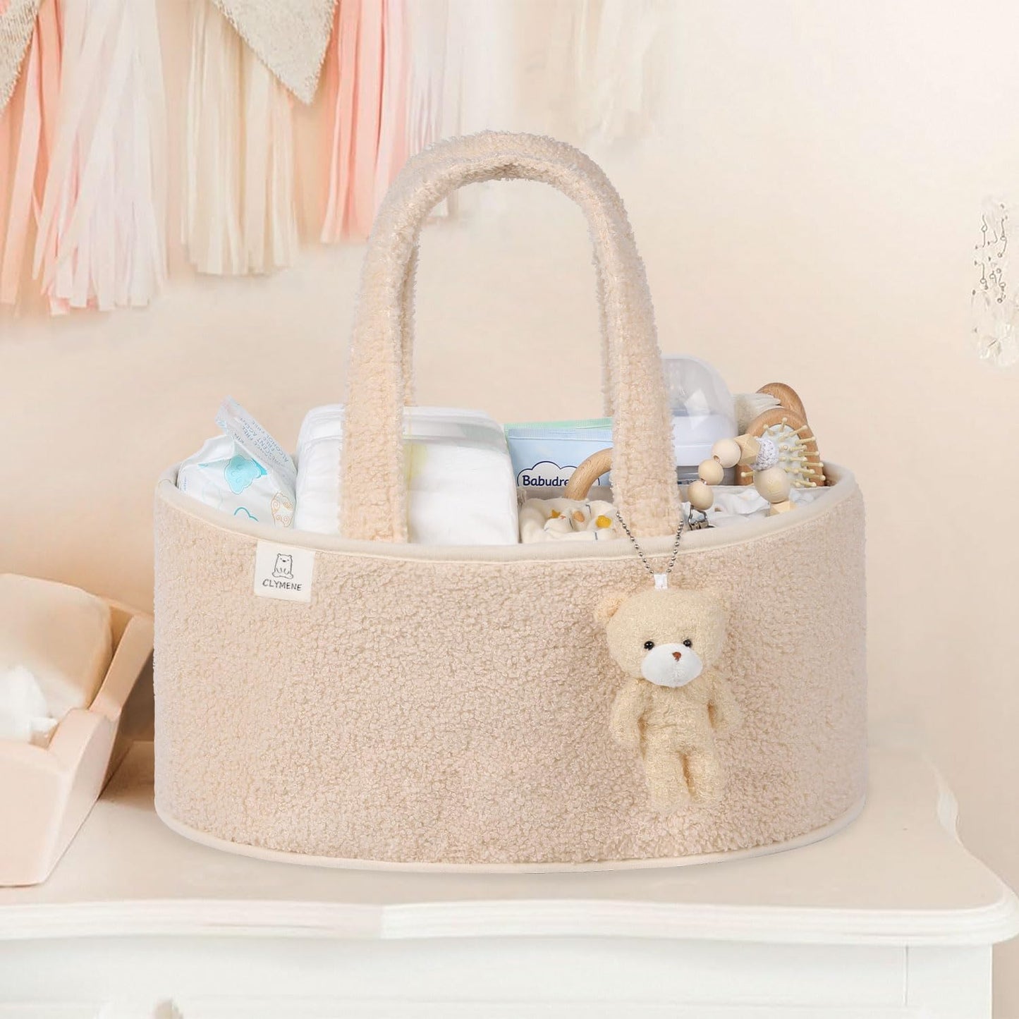 CLYMENE Baby Diaper Caddy Organizer, Nursery Storage Basket for Diapers and Wipes - Newborn Changing Table Essentials, Baby Gift Registry for Baby Shower - Diaper Tote Bag for Car Travel - Ivory